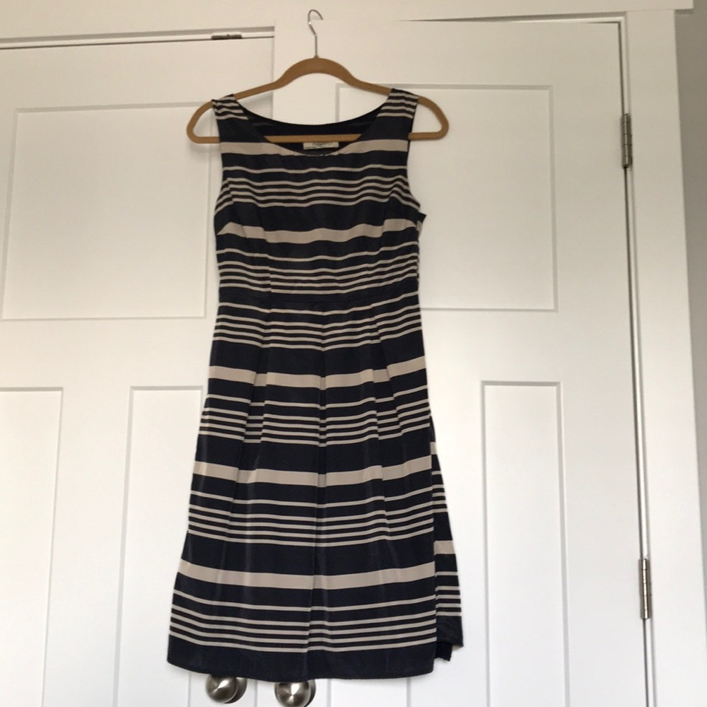 Sleeveless Tan and Navy Blue Dress